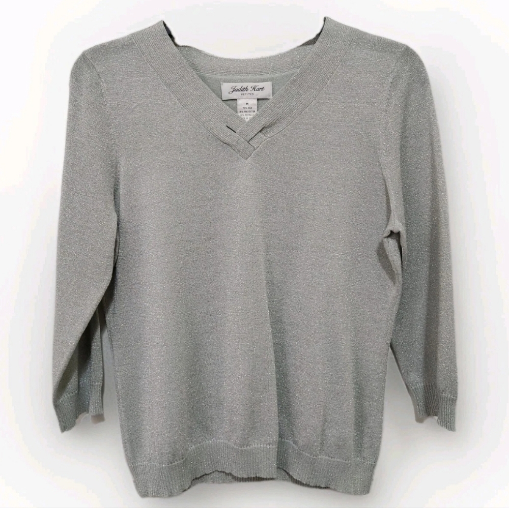Vtg Judith Heart Women's MP Silk Blend Silvery Green Metallic 3/4 Sleeve Sweater